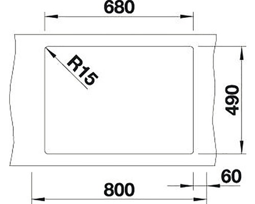 Technický nákres obdélníku se zaobleným rohem a rozměry 800, 680, 490 a 60