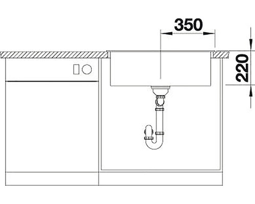 Technický nákres spodní skříňky dřezu s dřezem a myčkou nádobí, rozměry 350 krát 220 milimetrů