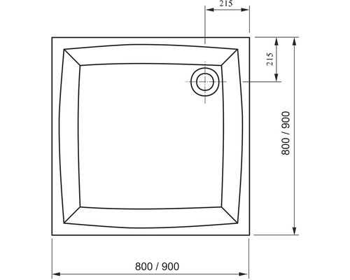 Technický nákres sprchové vaničky s rozměry 800/900 mm