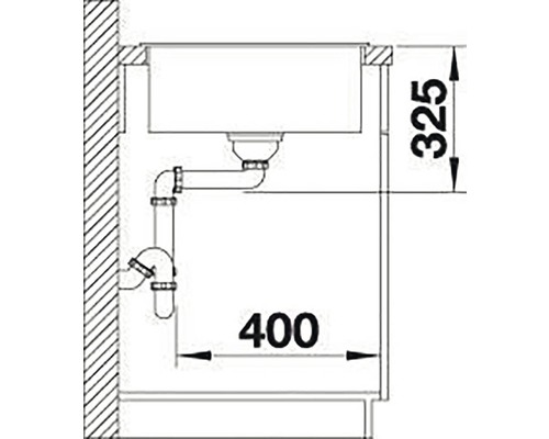 Technický výkres dřezu s rozměry 400 a 325 milimetrů