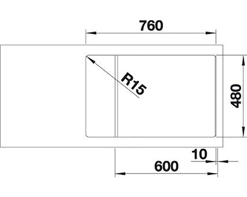 Technický výkres dřezu o rozměrech 760 x 480 milimetrů