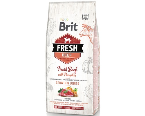 Granule pro psy Brit Fresh Beef Puppy Large 12 kg Brit Fresh hovězí krmivo pro štěňata velkých plemen a mladé psy, s dýní.