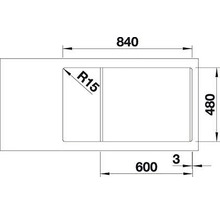 Technický nákres dřezu s rozměry: celková šířka 840 mm, hloubka 480 mm, rohový rádius R15 a umístění umyvadla.