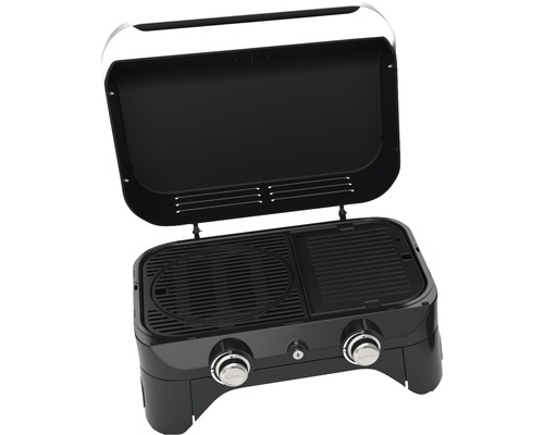 Přenosný plynový gril s otevřeným víkem.