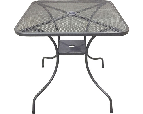Čtvercový zahradní stůl s kovovou mřížkovou deskou a čtyřmi nohami