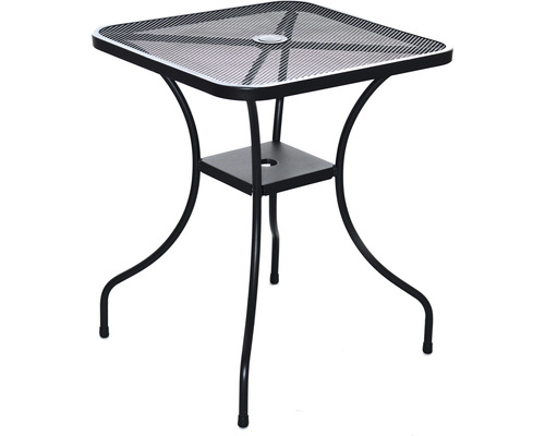 Čtvercový zahradní stůl s ocelovým rámem a stolní deskou s otvorem pro slunečník