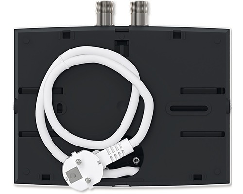 Pohled zezadu na elektronický průtokový ohřívač s napájecím kabelem a přípojkami vody