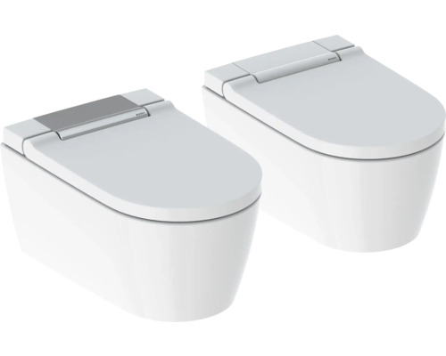 Dvě bílé závěsné toalety se splachovací nádržkou