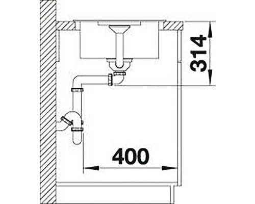 Nákres dřezu s rozměry jeho rozměrů a přípojek