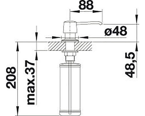 Technický nákres dávkovače mýdla s rozměry