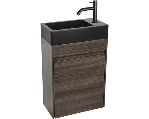 Skříňka pod umyvadlo s černým umyvadlem na desku a baterií