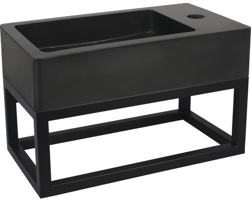 Černé umyvadlo s ocelovým rámem