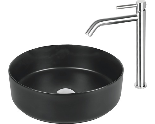 Černé umyvadlo na desku s baterií