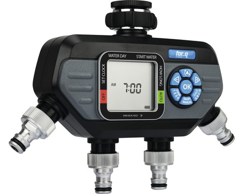 Zavlažovací počítač for.q s několika přípojkami a digitálním displejem.