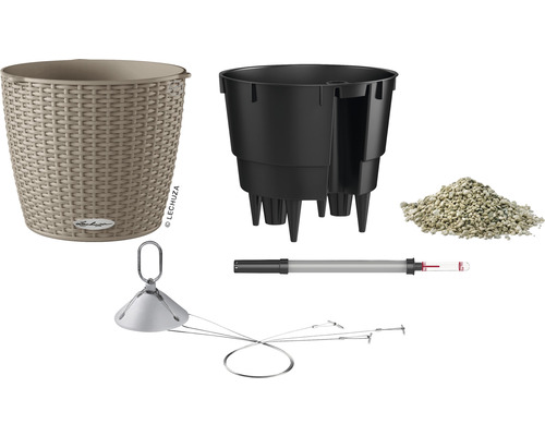 Květináč s vnitřní vložkou, substrátem, ukazatelem hladiny vody a zavěšením