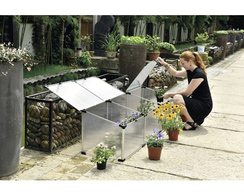 Scéna s fóliovým skleníkem a ženou sázející květiny.