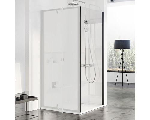 Sprchová zástěna RAVAK Pivot PPS-80 black+Transparent 90G40300Z1 Moderní sprchový kout se skleněnou stěnou a armaturou v koupelně