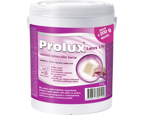 Barva na zeď Prolux Latex UNI bílá 0,8 kg + 0,2 kg zdarma Kbelík s univerzální latexovou barvou
