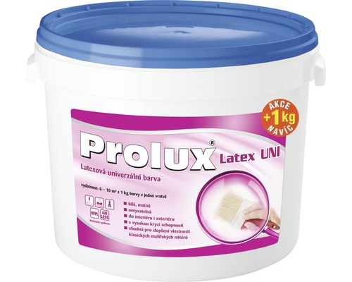 Barva na zeď Prolux Latex UNI bílá 5 kg +1 kg zdarma Kbelík latexové barvy pro vnitřní i vnější použití