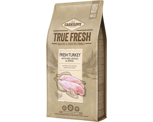 Granule pro psy Carnilove TRUE FRESH Turkey Adult 11,4 kg Carnilove True Fresh suché krmivo pro psy s čerstvým krůtím masem, červenou čočkou a leknínem v balení.