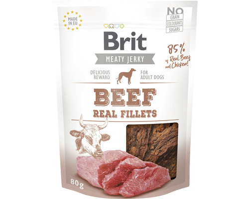 Pamlsky pro psy Brit Jerky Beef and chicken Fillets 80 g Brit Meaty Jerky hovězí maso skutečné filety pro psy, 80 gramové balení