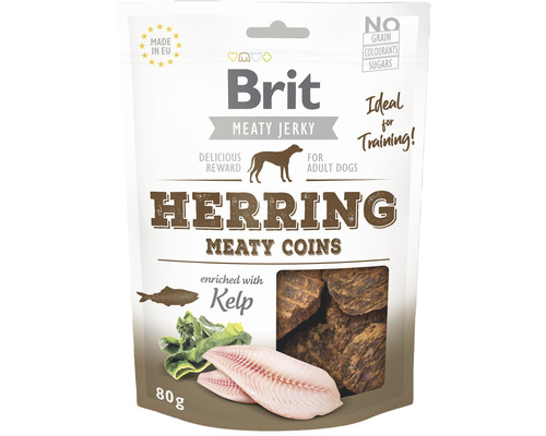 Pamlsky pro psy Brit Jerky Herring Meaty Coins 80 g Brit Meaty Jerky Herring Meaty Coins psí pamlsek v 80gramovém balení