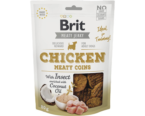 Pamlsky pro psy Brit Jerky Chicken & Insect Meaty coins 80 g Brit Meaty Jerky kuřecí pamlsek pro psy 80g balení