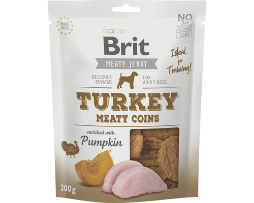 Pamlsky pro psy Brit Jerky Turkey Meaty Coins 200 g Brit Meaty Jerky Turkey psí pamlsek s dýní v 200gramovém balení