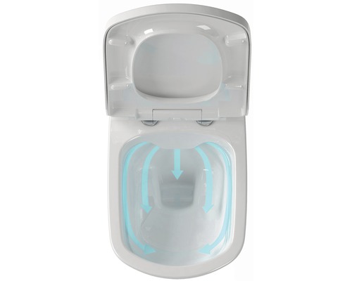 Závěsné WC s hlubokým splachováním s otevřeným splachovacím kruhem a rozdělovačem splachování