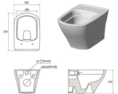 Technický nákres závěsného WC s rozměry