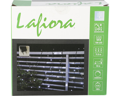 Světelný řetěz Lafiora pro vnitřní a venkovní dekorace se 720 LED diodami, 71,9 metru přívodního kabelu, 10 metrů délky, studeným bílým světlem, funkcí stmívání a časovačem