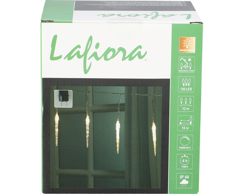 Balení rampouchové světelné sítě Lafiora se 120 LED diodami, 12metrovým přívodním kabelem, vhodná pro vnitřní i venkovní použití