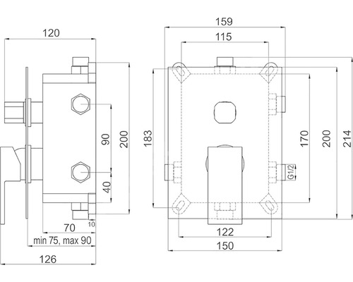 Technický nákres podomítkové sprchové baterie s rozměry