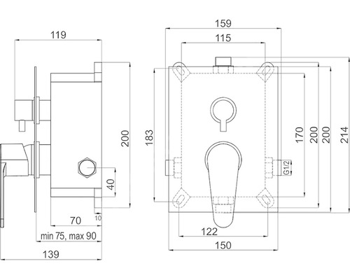 Technický nákres podomítkové baterie s rozměry