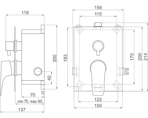 Technický nákres podomítkové baterie s rozměry