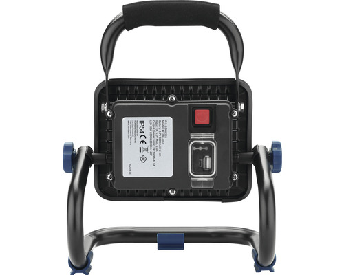 Pohled zezadu na LED akumulátorové stavební svítidlo s rukojetí a stupněm krytí IP54