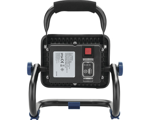 Zadní strana LED stavebního světlometu s rukojetí a stupněm krytí IP54