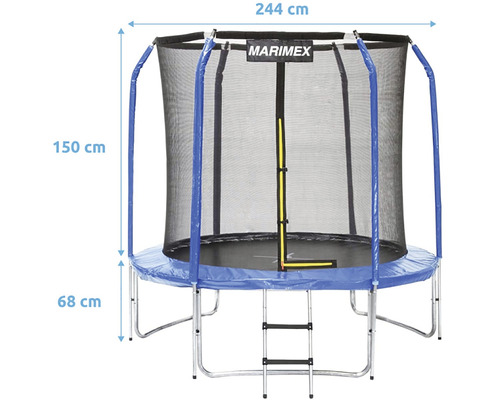 Trampolína Marimex se žebříkem, bezpečnostní sítí a modrým polstrováním rámu, šířka 244 centimetrů a výška 150 centimetrů
