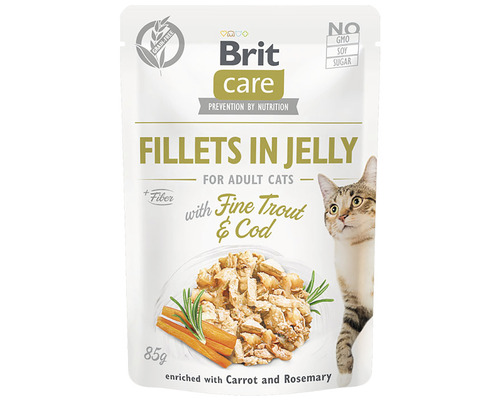 Kapsička pro kočky Brit Care Cat Pouch Trout & Cod in Jelly 85 g Brit Care krmivo pro kočky filety v želé s jemným pstruhem a treskou pro dospělé kočky, 85 gramů