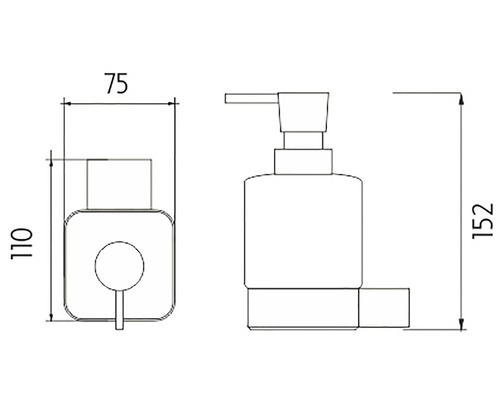 Technický výkres dávkovače mýdla s rozměry.