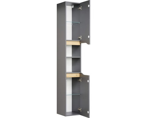 Šedá koupelnová skříňka s otevřenými dvířky a skleněnými policemi