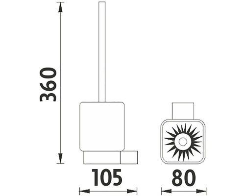 Technický výkres toaletní štětky o rozměrech 360 mm výška, 105 mm hloubka a 80 mm šířka