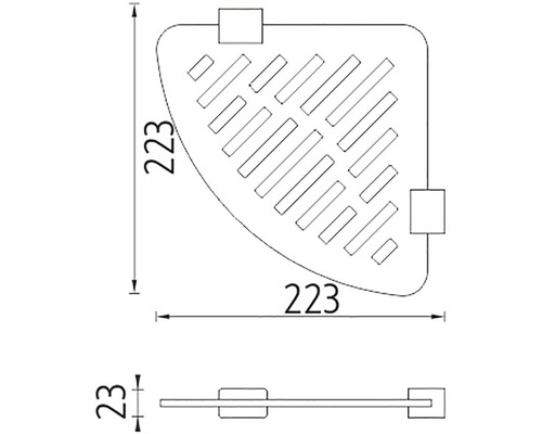 Technický nákres rohové police o rozměrech 223 krát 223 krát 23 milimetrů.