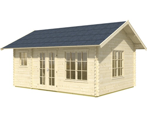 Dřevěný zahradní domek s okny a dvoukřídlými dveřmi