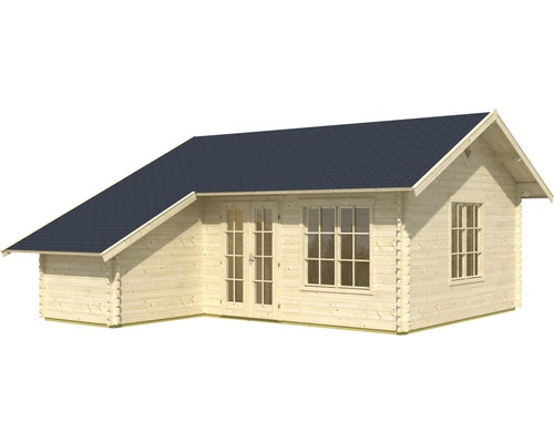 Dřevěný zahradní domek s okny a dvoukřídlými dveřmi