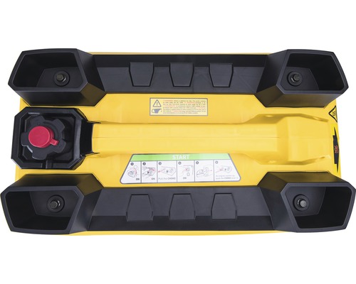 Žlutý generátor proudu shora s červeným víčkem nádrže a černými ochrannými rohy