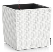 Bílý, čtvercový květináč se zavlažovacím systémem a indikátorem hladiny vody.