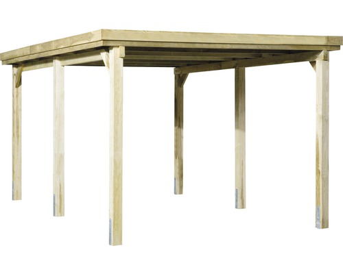 Dřevěný přístřešek s dřevěnými sloupky a obdélníkovou střešní konstrukcí