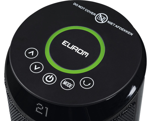 Detail ovládacího panelu topného zařízení Eurom s dotykovým ovládáním a varováním, aby zařízení nebylo zakryto.