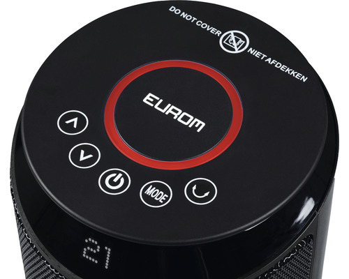 Detail ovládacích prvků topení Eurom s varováním, aby se spotřebič nezakrýval.